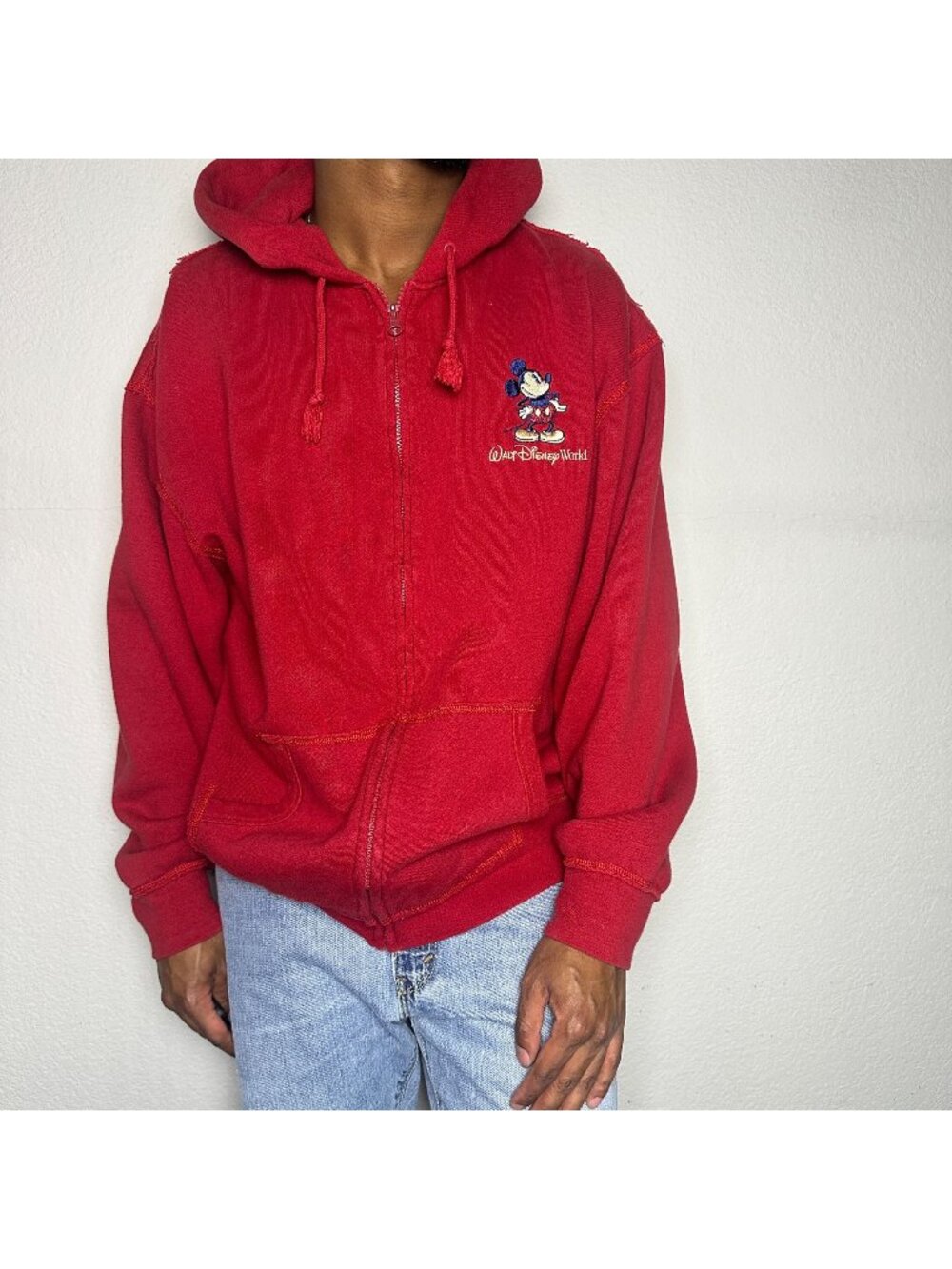 VTG Walt Disney World Men XL Red Hooded Hoodie Red Mickey Mouse Embroidered